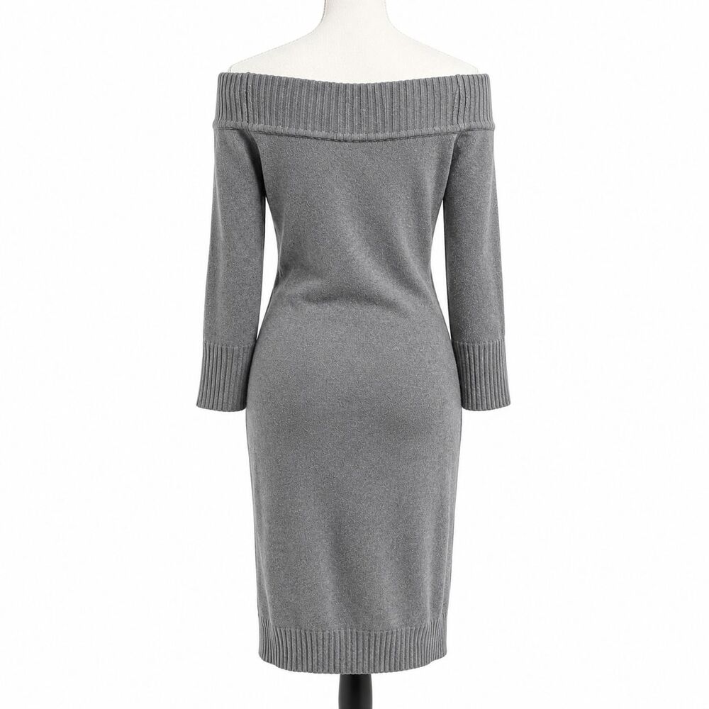 NY & Company Gray Off Shoulder Sweater Dress Large Cable Knit 3/4 Sleeve Knee - Picture 3 of 9
